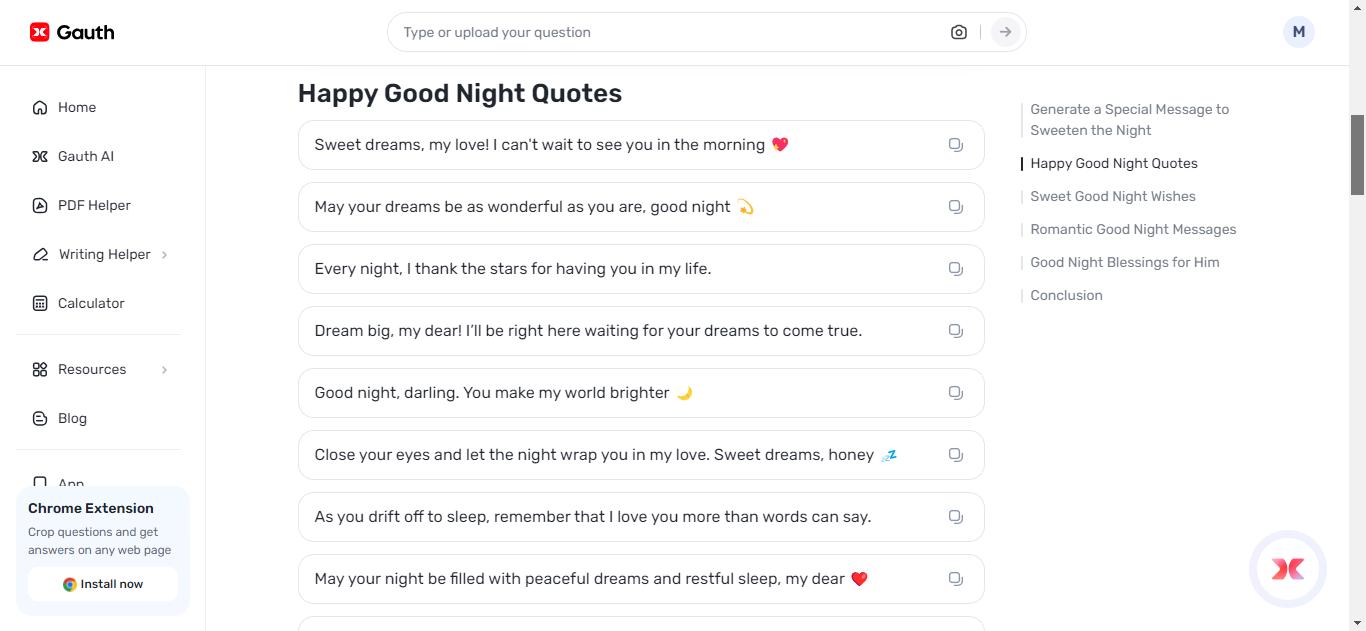 Creating personalized good night quotes for hubby with Gauth